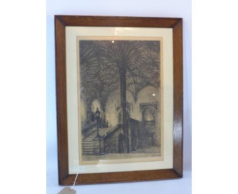 An etching of Christ Church in Oxford, 'The ? Staircase' by Herbert. J. Finn, 58 x 39cm 