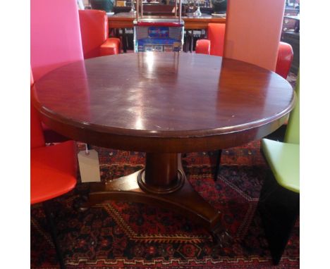 A Victorian mahogany circular tilt top breakfast table raised on triform base, paw feet and castors, H 72 x Diameter 105cm 