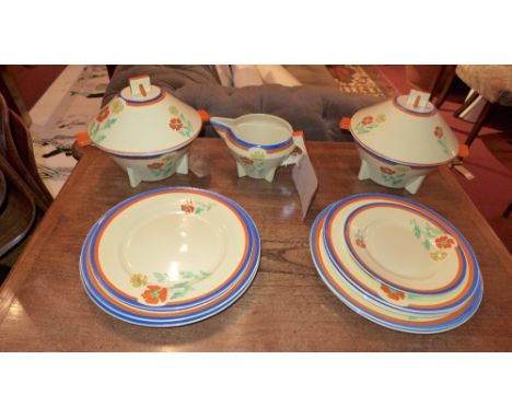 An Art Deco Primrose pattern part dinner set including a pair tureens and plates 