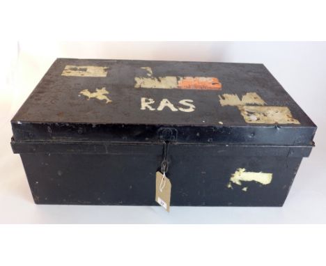 An ebonised tin trunk, 31 x 75 x 43cm 