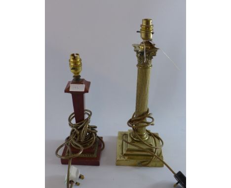 A gilt Corinthian column form table lamp H 39 x W 14 x D 14cm together with a marble table lamp 