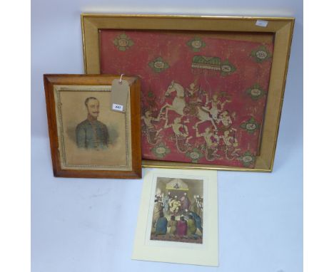 A collection of seven paintings and prints to include a watercolour of a half length portrait of a french soldier 