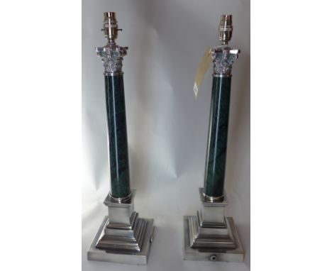 A pair of silver plated and green marble Corinthian column table lamps, H 59 x 15 x 15cm 