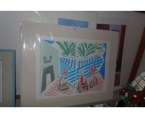 A collection of ten unframed prints including an example by David Hockney, an Emily Large limited edition print of cats, a Mi