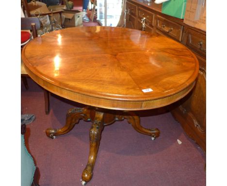 Dining table - Victorian figured walnut tilt top action, 135 x 100cm 