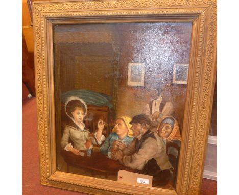 A Continental 19th Century oil on canvas interior scene depicting a lady seated at a table with four other figures, in a gilt