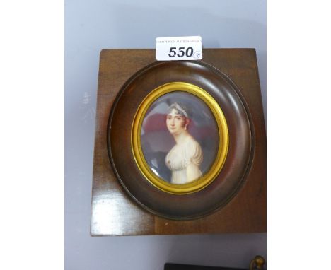 Three hand painted portrait miniatures in frames, including a portrait of an early 19th century lady, signed Ronoir, H 15 x W