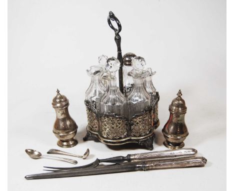 A Victorian silver plated 6 bottle cruet stand of scalloped circular form with pierced decoration, with six glass bottles, al