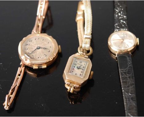 A lady's Art Deco 9ct gold cased tank watch, with manual wind movement; together with a Dennison 9ct gold cased lady's mechan