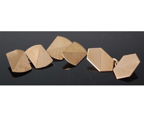 A pair of gent's 9ct gold engine turned cufflinks; together with one other similar single cufflinks, gross weight 5.9g