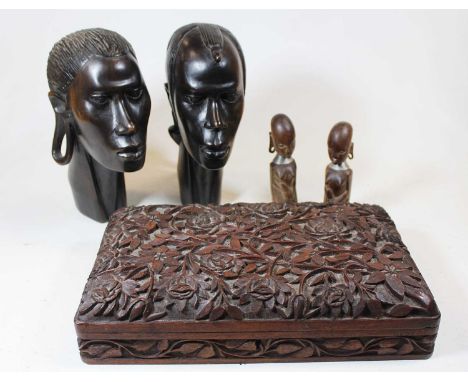 A pair of 20th century African carved hardwood portrait heads; together with a Chinese Imari palette porcelain tea bowl (a/f)