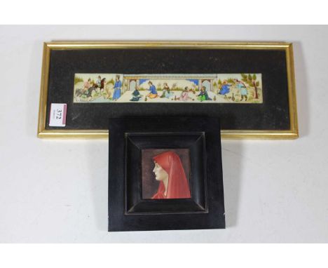 Indian school, 20th century, bone plaque painted with various figures within a landscape, 14 x 35cm; together with a modern p
