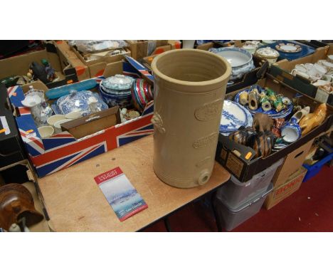 Three boxes of miscellaneous items, to include blue and white transfer decorated meat plates, Mudman style figures, Booth's P