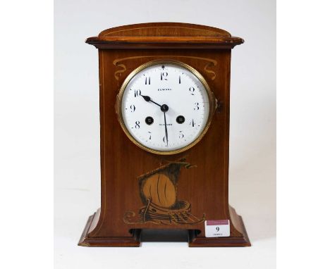 An early 20th century mahogany and boxwood strung mantel clock, having eight day movement, the enamelled dial showing Arabic 