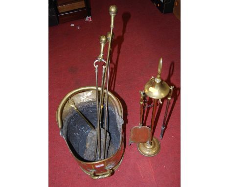 A collection of miscellaneous metalware, to include brass helmet shaped coal scuttle, fire tools etc