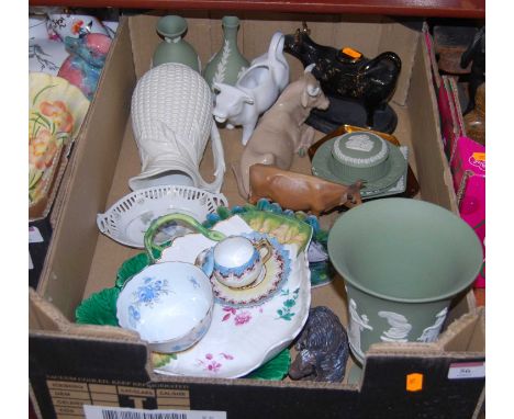 A box containing a collection of various ceramics, to include a Wedgwood green jasper vase, a Nao model of a bull etc 