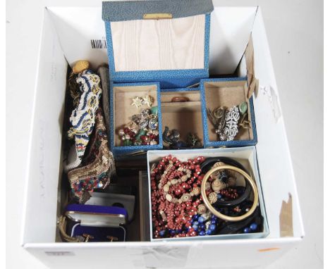 A collection of miscellaneous costume and other jewellery, to include a yellow metal bangle, carved bead necklace, gent's cuf