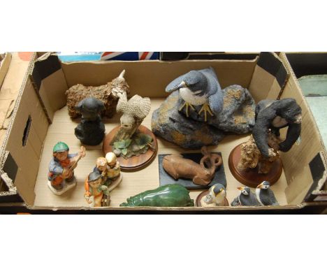 A box of miscellaneous items to include a large painted terracotta? model of a falcon, a Worcestershire Artists figure of a g