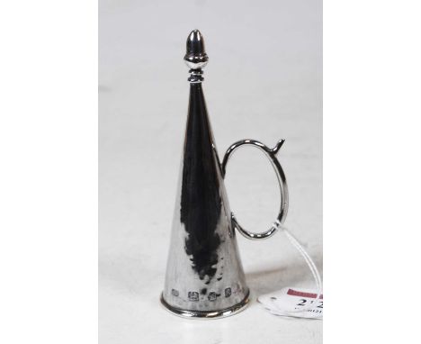 A modern silver candle snuffer, of typical conical form, having acorn finial, 3.2oz