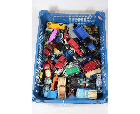 A box of loose and playworn diecast toy vehicles, to include Corgi James Bond Aston Martin DB5, Lesney Snowtrack, Corgi Batmo