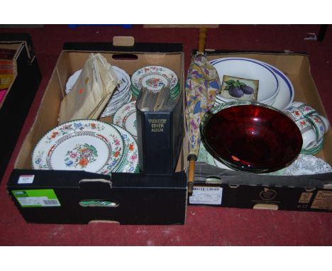 Two boxes of miscellaneous items, to include Copeland Spode part tea and dinner service in the Chinese Rose pattern, an album