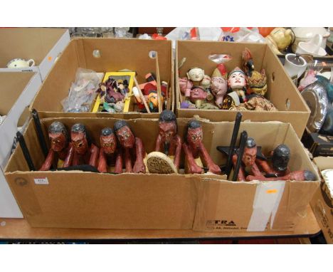 A collection of miscellaneous items, to include Indonesian style hand puppets, boxed Pelham Wicked Witch puppet, tribal style