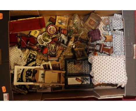 A box of assorted dolls house furniture to include Regency style gilt and red upholstered scroll end sofa, folding deck chair