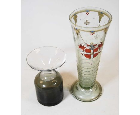 A box of miscellaneous glassware, to include Victorian conical glass vase with applied heraldic crest, various oil lamp chimn