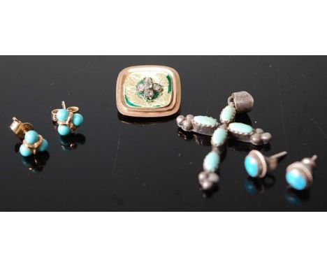 A white metal and turquoise set cross pendant; together with a pair of white metal and turquoise set ear studs; a pair of yel