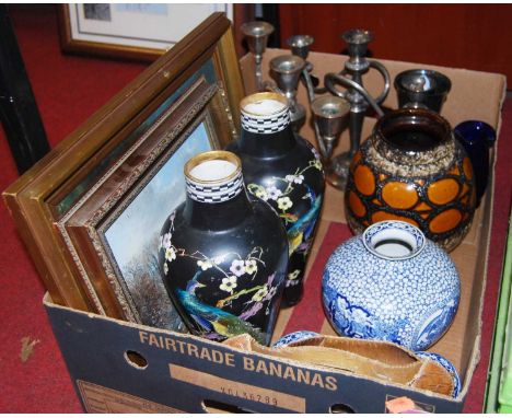 Mixed lot, to include ceramic vases, two metal three-light candelabra, two oils etc 