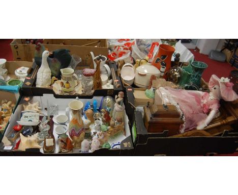 Four boxes of miscellaneous items, to include a reproduction mantel clock, brass anniversary clock under dome, Sylvac green g