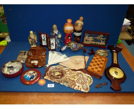 A quantity of miscellanea including Japanese wooden dolls, cork art in glass tank, buttons, chess set, cloisonne etc.