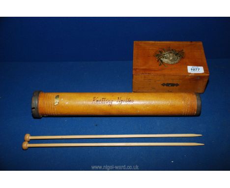 A Folk Art Treen cylindrical knitting needle case with metal castellated top, stamped Dixons, England 15 1/2'' tall and a rec