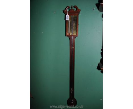 An attractive Mahogany mercury stick Barometer with square brass face engraved  Thos Wright, 37'' long
