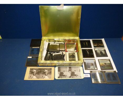 A quantity of glass Magic Lantern Slides of costume design, girls school etc and two stereo cards.