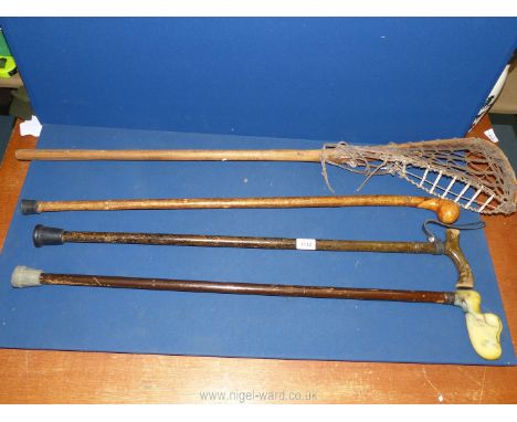 Three walking sticks including one with hallmarked collar and an old Lacrosse stick.