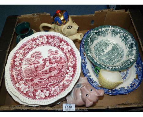 A quantity of china including Wade Pig, Spode plates, Mason's meat plate etc.