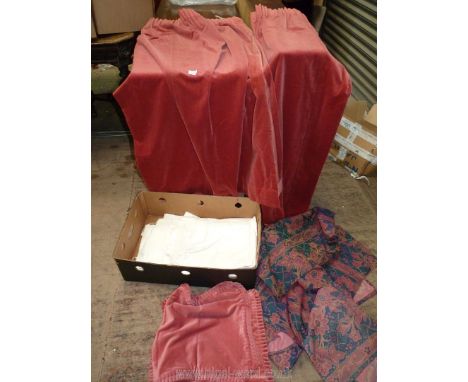 A pair of red velvet, lined Curtains, 52'' wide x 54'' drop, cushions and chair covers.