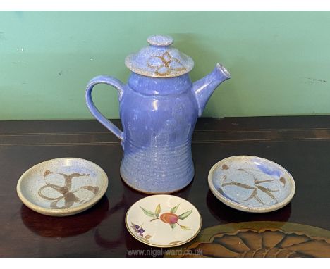 **A Welsh pottery coffee pot in blue with brown flowers (signed CE) plus two matching saucers and a Royal Worcester pin dish.