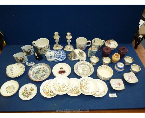 A small quantity of china including Aynsley pin dishes, Royal Worcester, Limoges, small candlesticks, cat ornaments, Wedgwood