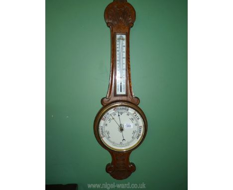 An Oak Banjo Barometer/thermometer, (thermometer glass damaged)