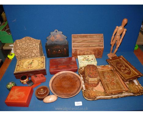 A quantity of Treen including letter racks, hand painted boxes, trays, mannequin etc.