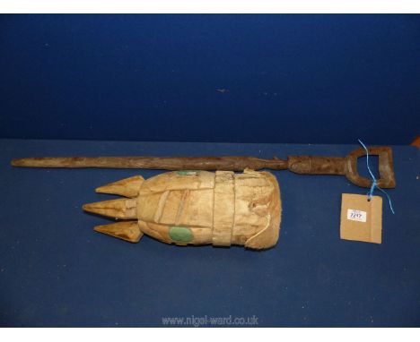 An ethnic carved wood Walking Stick and animal skin covered Tomtom Drum.