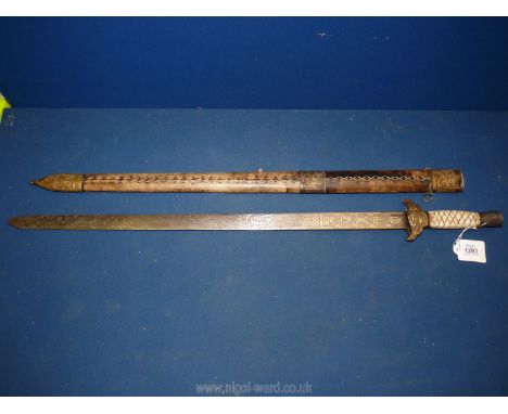 A Chinese Sword with engraved blade and snakeskin scabbard, all with brass mounts, 88 cms overall.