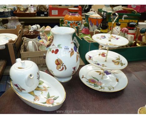 A quantity of Royal Worcester 'Evesham' patterned items including baluster vase, 10'' tall, three tier cake plate, teapot and