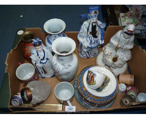 A quantity of china including oriental vases, figures, cups etc, Royal Worcester Egyptian display plate, Welsh costume cup an