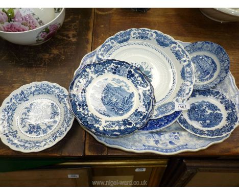 A quantity of blue and white china including 'Fairy Villas' meat plate, Spode, Wedgwood, Adams etc.