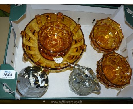 An Art Deco architectural shaped Fruit set, preserve jar with Bakelite finial and three piece cruet on metal stand.