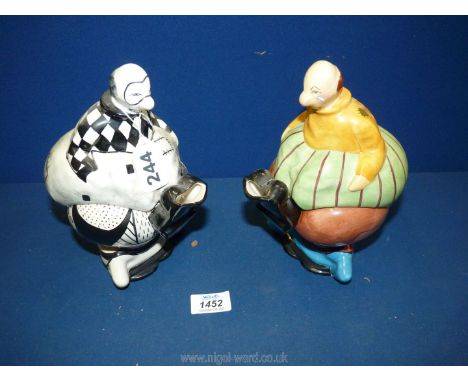 Two circus style 'Tumbling clowns' Teapots designed by Roger Michell with Carltonware 1997 stamp to bases, one in black and w