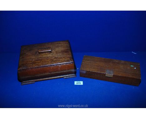 An Art Deco style Oak, Mahogany and Boxwood inlaid jewellery box with shelf, 10'' long and a Mahogany glove box also 10'' lon